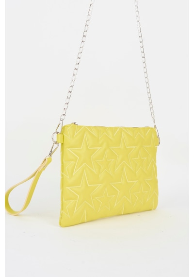 Vivaq Kadın Neon Sarı Yıldız Nakışlı Suni Deri Bilek Ve Zincir Askılı Portföy El Ve Clutch Çanta