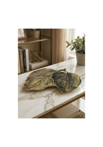Dekoratif Çift Yaprak Sunum Tabağı & Masa Üstü Obje - Eskitme Bronz / Gold 32x28 Cm
