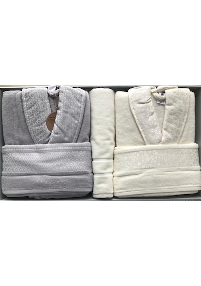 Özdilek Camellia Gri Krem Aile Bornoz Seti + Banyo Paspas 4542 Krem