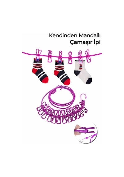 Kendinden Mandallı Balkon Kamp Çamaşır Ipi 12 Mandallı Kamp Çamaşır Ipi Çok Renkli