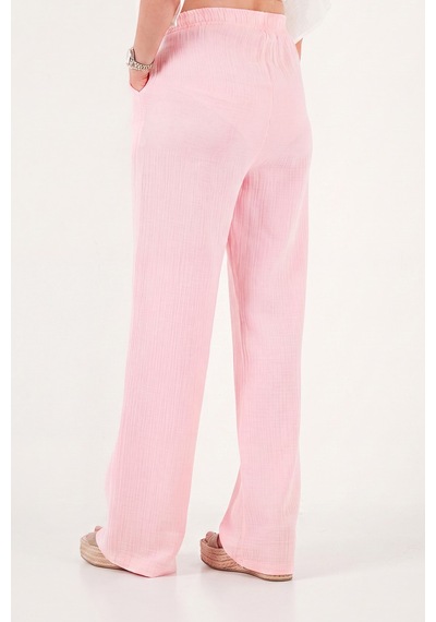 Lela Pamuklu Bağlamalı Relaxed Fit Yüksek Bel Geniş Paça Müslin Pantolon Bayan Pantolon 5866663 Pembe