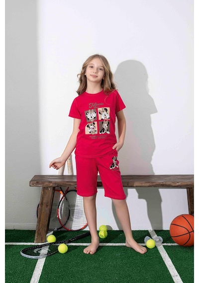 Kız Çocuk Mini Desenli Kırmızı Şortlu Pijama Takımı-1311 Kırmızı