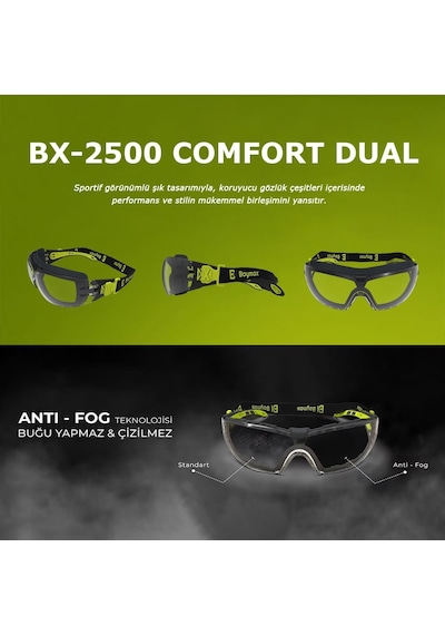 Tr Bx-2500 Comfort Dual Antifog Şeffaf Buğu Yapmayan Toz Çapak Koruyucu Uv Korumalı Laboratuvar İşçi İş Güvenl