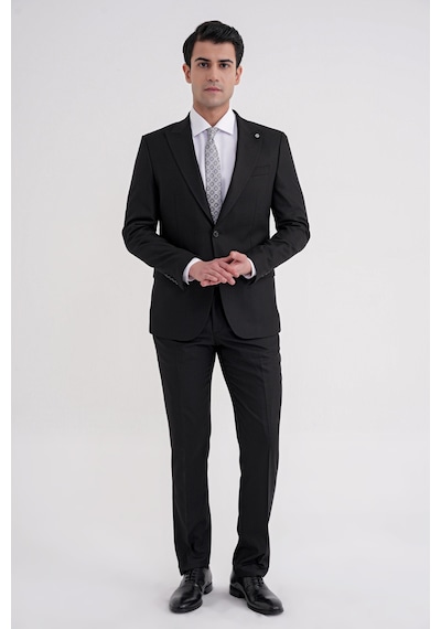 Efor Slim Fit Çift Yırtmaç Sivri Yaka Esnek Siyah Klasik Takım Elbise Tk 939 Siyah