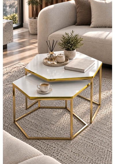 Sulorahome Altıgen İkili Orta Sehpa Seti Beyaz Ve Sarı Gold Altın - Beyaz