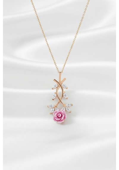 Çekirdekjewelry 925 Ayar Gümüş Pembe Güllü Kolye Rose