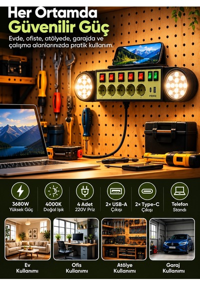 5'li Akım Korumalı Priz 1 Usb 1 Type-c 2 Led Işıklı 2m Kablolu Anahtarlı Güç İstasyonu 0 - 2 M