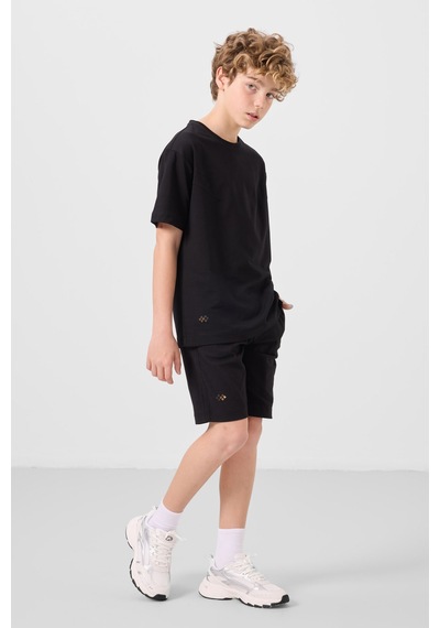 Siyah Pamuklu Oversize Fit Dokuma Hafif Esnek Chino Erkek Çocuk Şort Takım - 11277 Siyah
