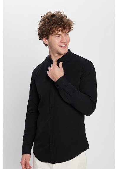 Tudors Erkek Slim Fit Dar Kesim Pamuklu Kolay Ütü Siyah Hakim Yaka Gömlek-22418 Siyah