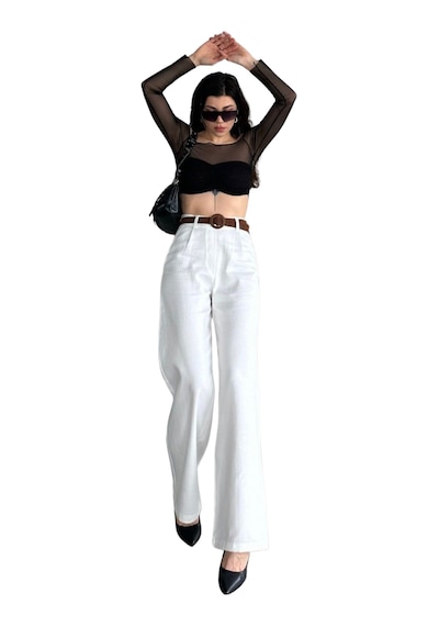 Beli Kemerli Pantolon - Beyaz