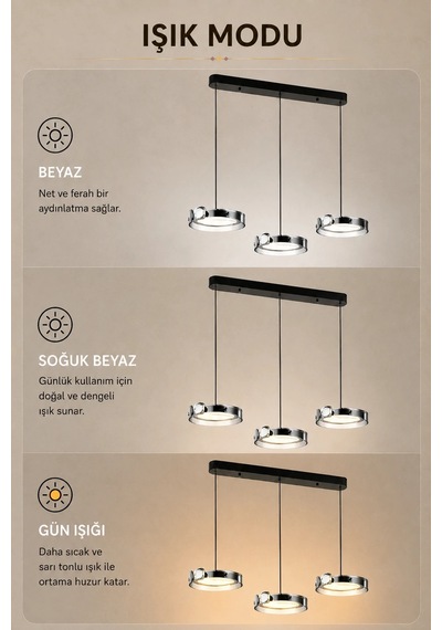 3'lü Modern Premium 3 Renkli Ledli Sarkıt Avizesi Salon Mutfak Yemek Masası Üstü Şık Modelleri 86w Siyah