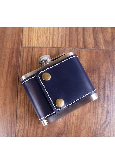 5 Oz 150 Cc Lacivert Deri Kılıflı Cep Tipi Çelik Viski İçki Matarası Ve Gold Viski Bardağı