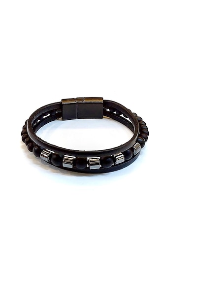 Obsidian Bead Core Siyah Boncuk Detaylı Çift Kat Deri Erkek Bileklik-1422 Antrasit