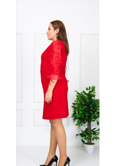 Haimoda Kadın Elbise Kırmızı Büyük Beden Kol Şifon Kırmızı