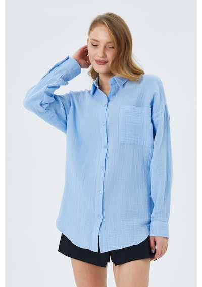 Mixray 3833 Kadın Oversize Cepli Müslin Gömlek Bebe Mavi