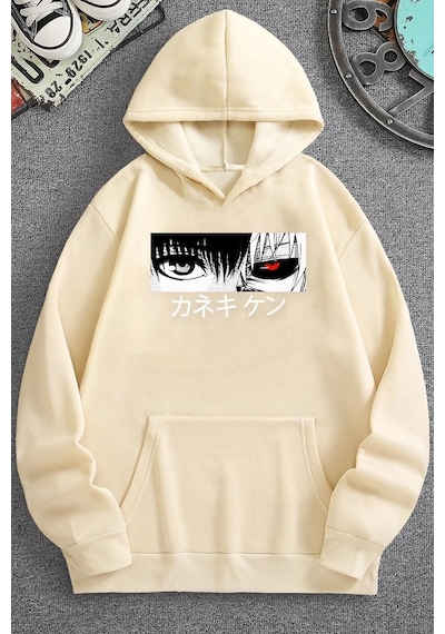Uyguntarz Unisex Ken Kaneki Baskılı Kapüşonlu Sweatshirt Bej