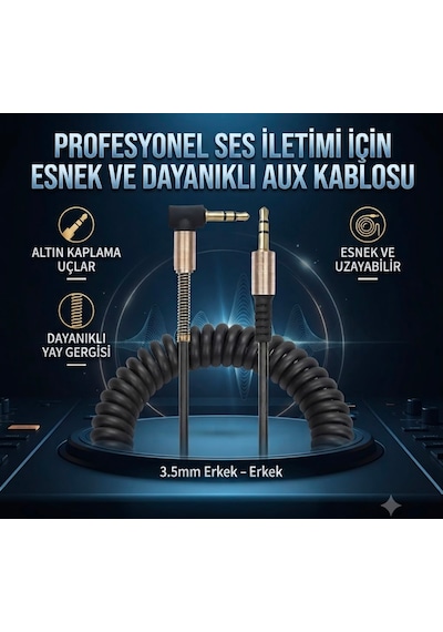 1.8 Mt Aux Ses Kablosu 3.5mm L Tipi Metal Yaylı Dayanıklı Kablo Araba Aux Kablo Esnek & Dayanıklı Ses Kablosu 1.8 M