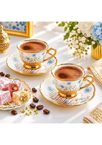 Valkyrie 6 Kişilik 13 Parça Türk Kahvesi Fincan Takımı Standlı 90 Ml Mavi Çiçek Gold Detaylı K655 Mavi
