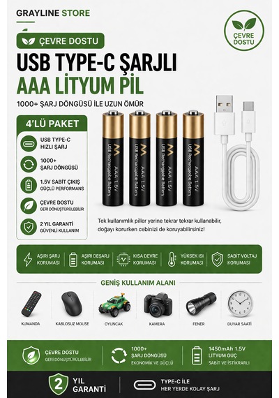 Usb Type-c Şarjlı Aaa İnce Kalem Pil 4 Lü Paket 1.5v Lityum
