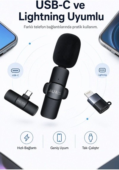 Usb-c Ve Lightning Uyumlu Kablosuz Yaka Mikrofonu Tak Çalıştır Telefon Ses Kayıt Seti