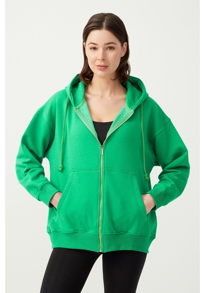 Los Ojos Kadın Yeşil Kapüşonlu Oversize Şardonlu Fermuarlı Örme Sweatshirt Yeşi