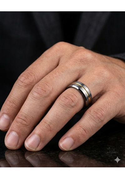 Erkek Gümüş Renk Gold Çizgi Detay 6 Mm Tungsten Yüzük