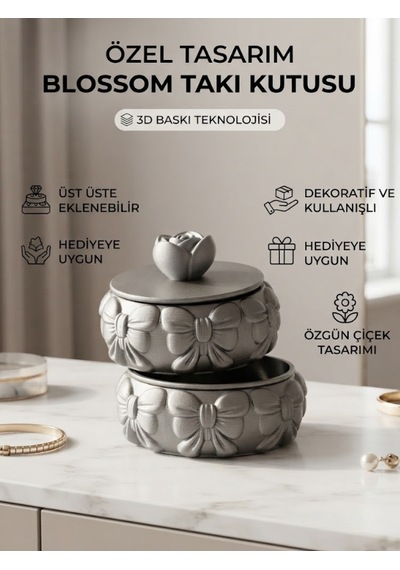 Özel Tasarım Blossom Takı Kutusu Ve Dekoratif Fiyonklu Saklama Kabı Gümüş