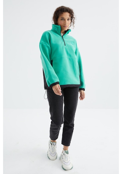 Tommy Life Deniz Yeşili Yarım Fermuar Etek Ucu Büzgülü Dik Yaka Oversize Kadın Polar Sweatshirt - 97236 Yeşil