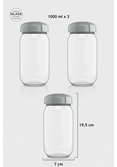Renga Rhea 1000 Ml Gri Kapaklı 3'lü Cam Kavanoz Seti 131012 Gri