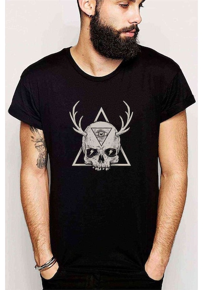 Skull Triangle Geyik Baskılı Siyah Erkek Tshirt
