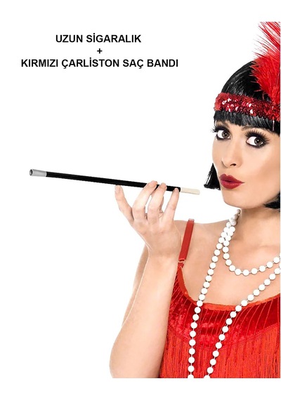 1920'ler 1990'lar Gatsby Kadın Aksesuar Seti Kırmızı Charleston Saç Bandı Ve Sigaralık 4w 78mm & Yok