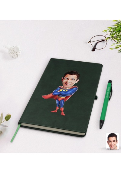 Kişiye Özel Süper Baba Karikatürlü Yeşil Termo Deri Defter Kalem