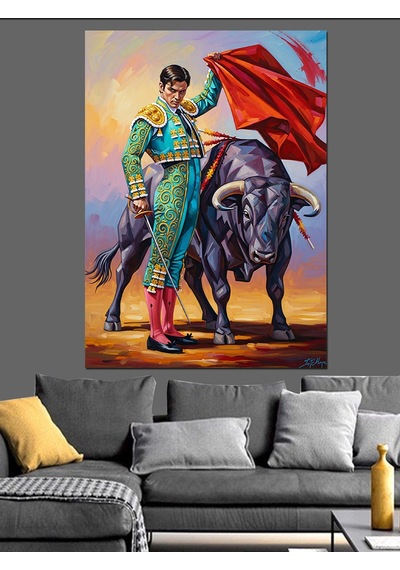 Ahşap Tablo Boğa Ve Adam Figürü