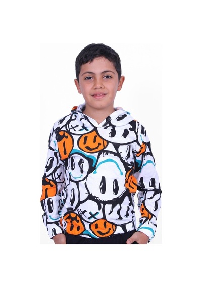 Panios Kids Emoji Desenli Kapüşonlu Unisex Sweatshirt 2 İplik Turuncu