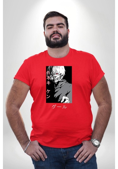 Angemiel Kaneki Ken Kuma Japon Anime Şeytan Kırmızı Büyük Beden Erkek Kadın Unisex Basic Ön Baskılı Tişört Kırmızı