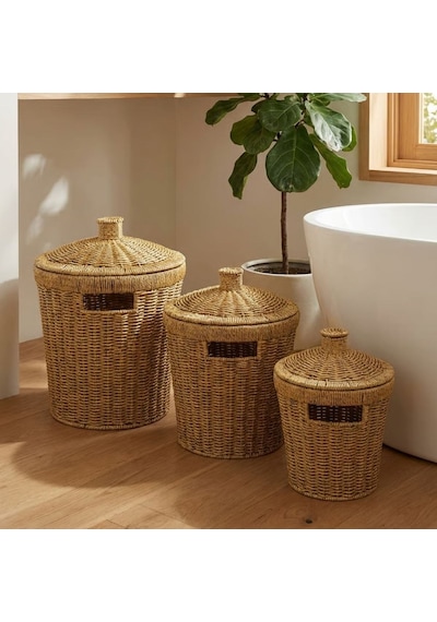 Buffer 3 Lü İç İçe Geçebilen Büyük Plastik Rattan Hasır Sepet Seti-dayanıklı Çok Amaçlı Ev,banyo Ve Mutfak Düzenleyici Kahverengi