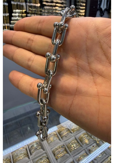 Silver Spor Kalın Taşsız Bileklik Beyaz