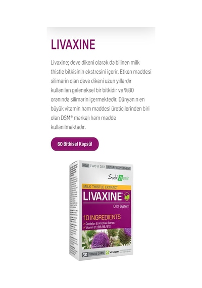 Livaxine 60 Kapsül Milk Thistle Deve Dikeni Extract - Artichoke Extract - Dandelion Extract
