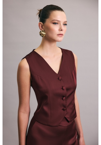 Sateen Klasik Düz Yelek - Bordo-137030 Bordo