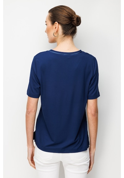 Desen Triko Kadın V Yaka Cebi Saten Şeritli Penye T-shirt 26828 Lacivert Lacivert