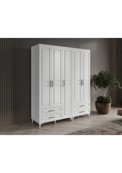 GuneyStore Gözde 5 Kapaklı Komple MDF Beyaz Gardırop