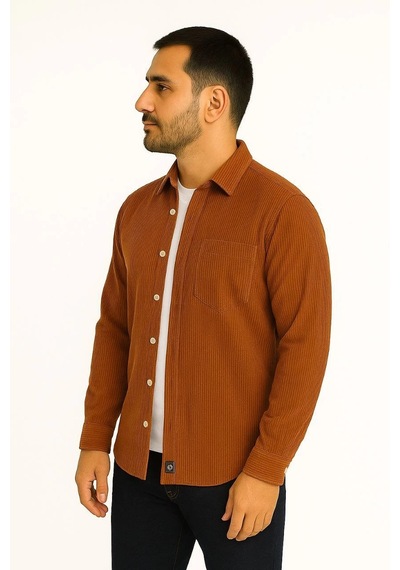 Ertaştrendstore Erkek Fitilli Kadife Cepli Gömlek Oversize Rahat Kalıp - Kahverengi Çoklu Renk