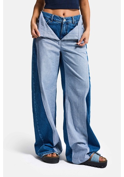 Itsbasic Kadın Kot Rengi Palazzo Fit Çift Kemer Detaylı Özel Tasarım Denim Jean