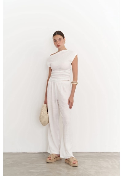 Mai Collection Mai Studios Co. Sona Beyaz Asimetrik Bluz Pantolon Takım Beyaz