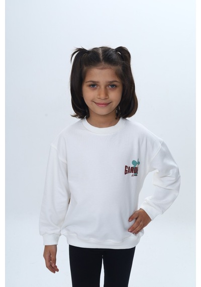 Toontoy Kız Çocuk Arka Kol Baskılı Çiçekli Sweatshirt Ekru