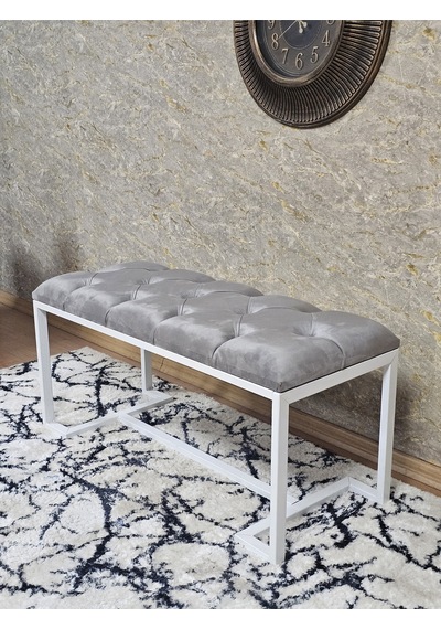 Zafir Beyaz Boyalı - L - Ayaklı 100 Cm X 38 Cm Oturak - Bench - Makyaj Taburesi - Makyaj Oturak Gri