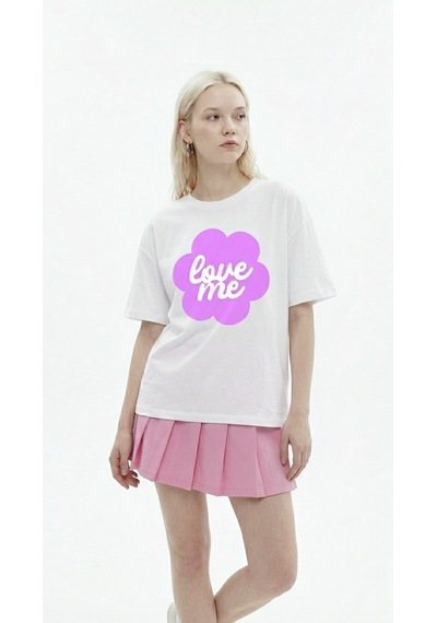 Hoxie Kadın Beyaz Oversize 'love Me' Baskılı Bisiklet Yaka T-shirt