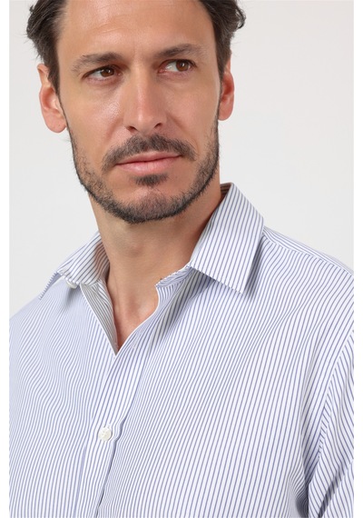 İmza Beyaz - Lacivert Sert Yaka Uzun Kol Cepsiz Slim Fit Pamuklu Gömlek 1004260214
