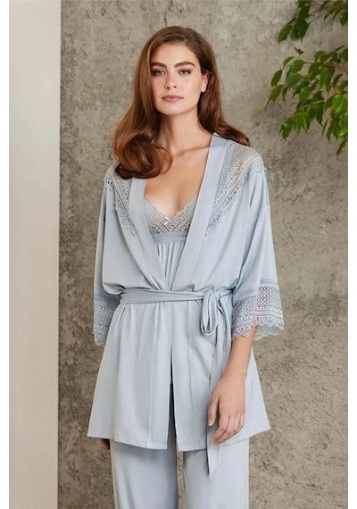 Pierre Cardin 2820 Kadın Mist Dantelli Penye 3'lü Sabahlıklı Pijama Takım 001