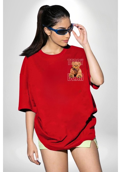 Bunu Alabilirsin Çantadan Çıkan Ayı Kırmızı Oversize Unisex Ön Ve Sırt Baskılı Tişört Kırmızı